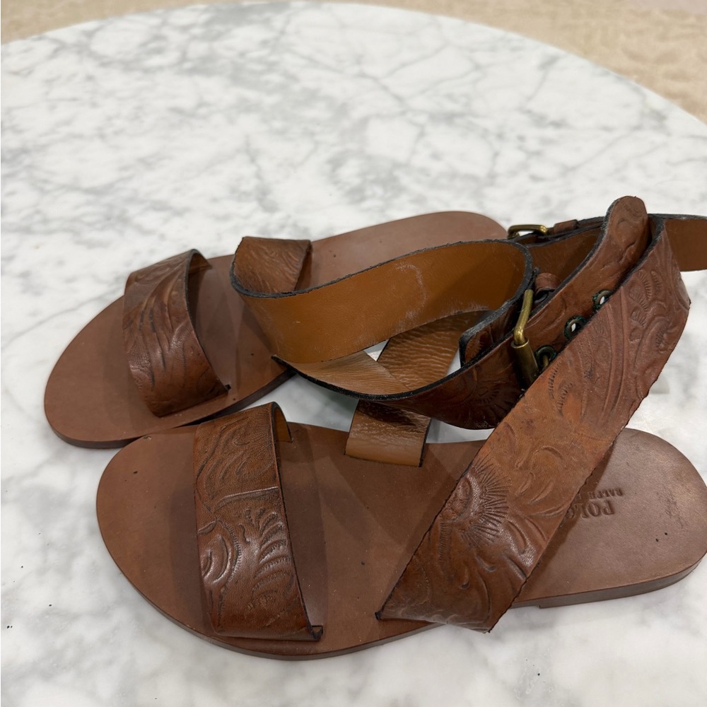 Polo by Ralph Lauren Brown Leather Embossed Strappy Sandals
